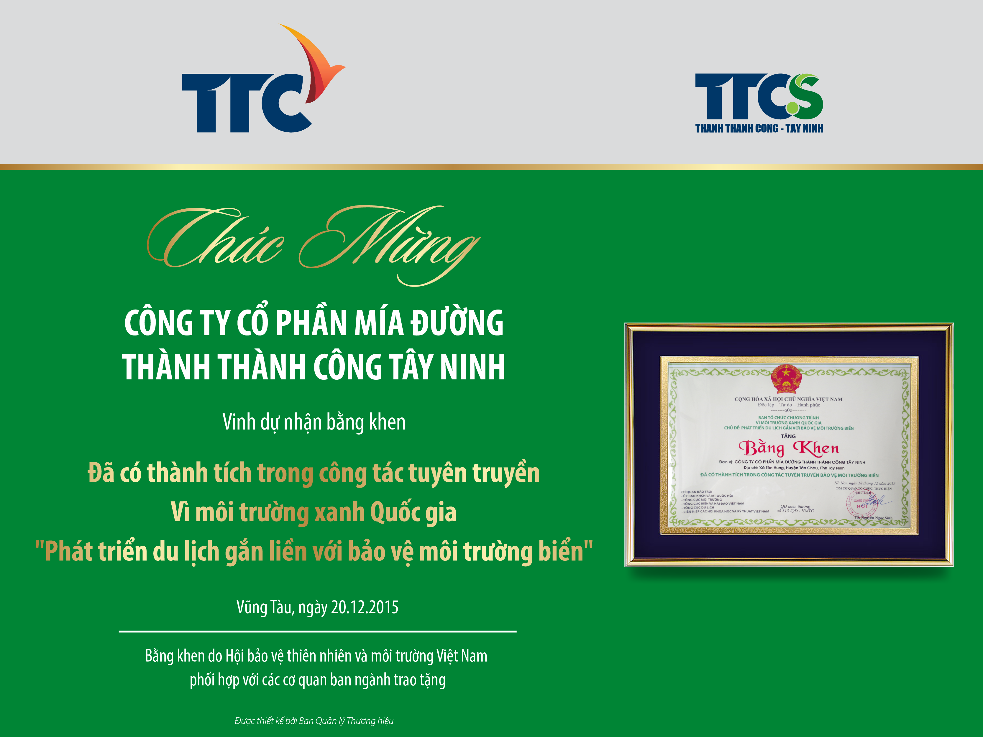 Chúc mừng CTCP Mía đường Thành Thành Công Tây Ninh vinh dự nhận bằng khen trong công tác tuyên truyền vì môi trường xanh quốc gia
